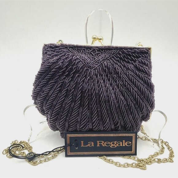 Vintage La Regale Purple Beaded Sequined Clutch Purse Clam Shell Shoulder Bag - Picture 1 of 7